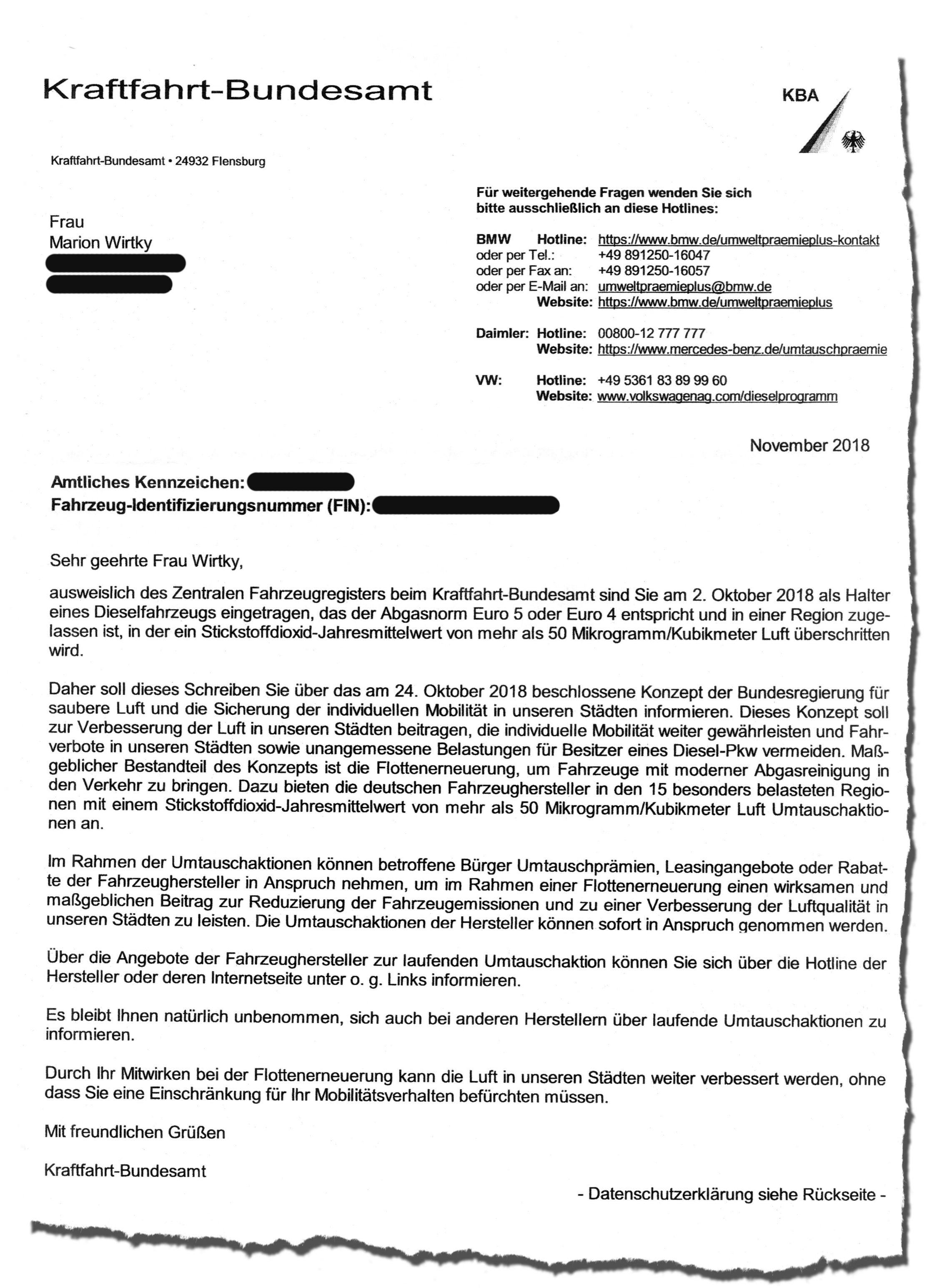 Dieses Schreiben erhielten bundesweit 1,5 Millionen Besitzer von Dieselfahrzeugen
