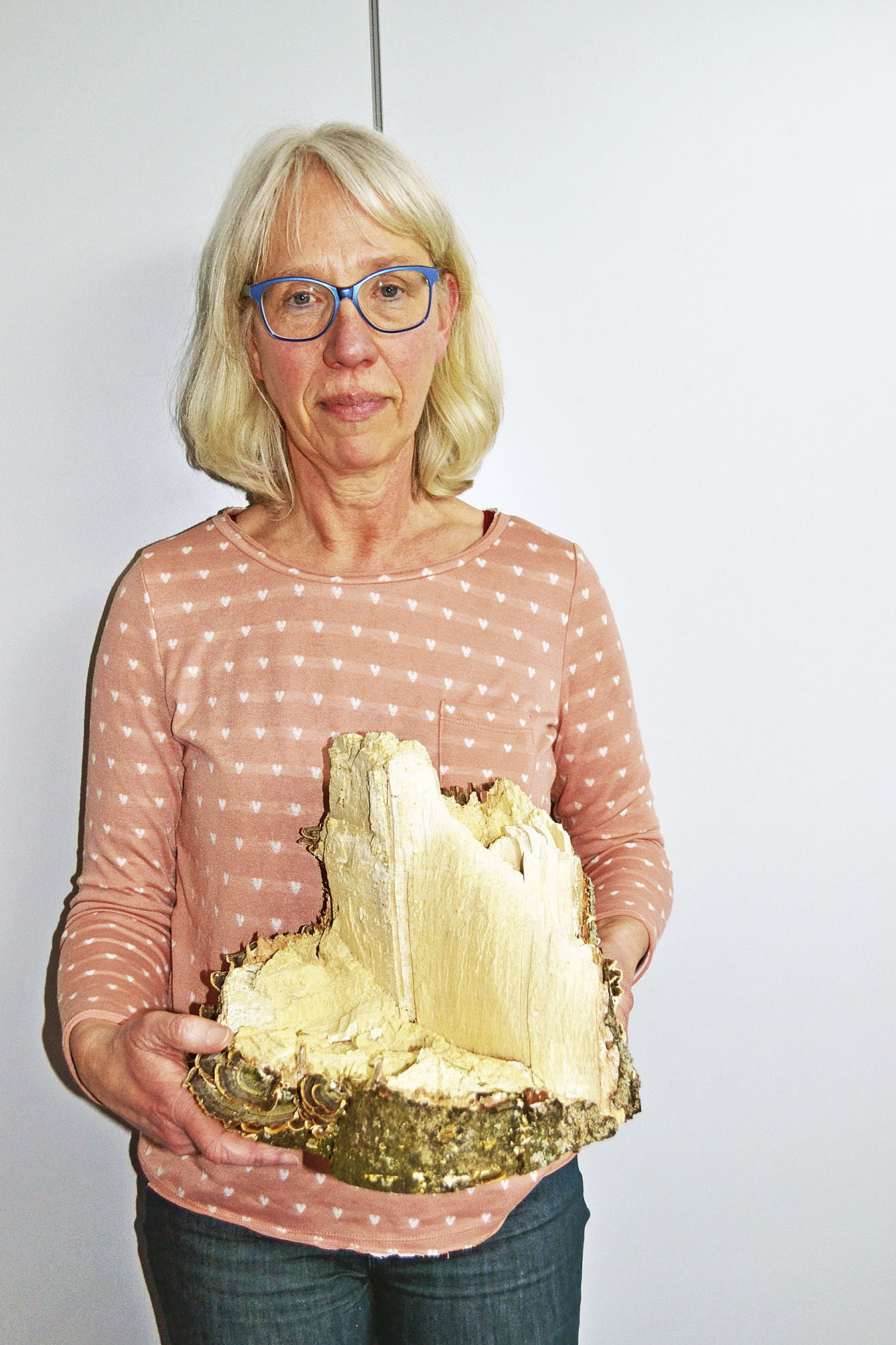 Sabine Bolz von der Verwaltung zeigt ein Stück einer von Pilz befallenen
Kastanie der Kastanienallee