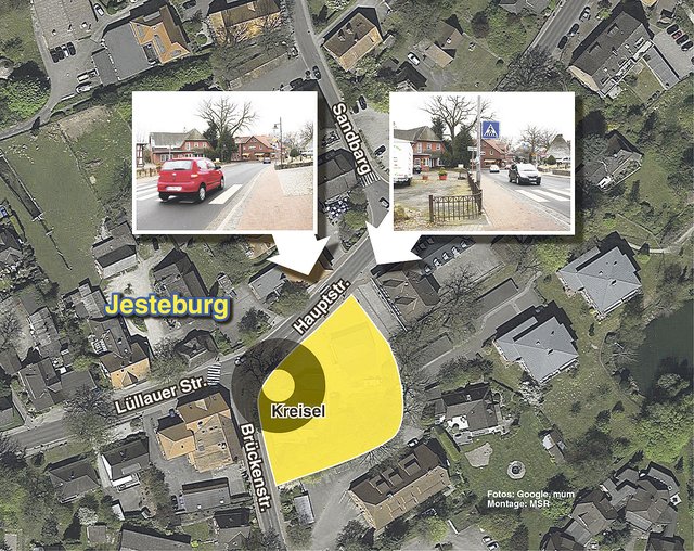 Die Montage zeigt den Kreuzungsbereich Haupt-, Lüllauer- und Brückenstraße. Für einen Kreisel müsste die Gemeinde Teile des Grundstück von Jürgen Meyer (gelb unterlegt) erwerben Foto: Google Maps/MSR/mum