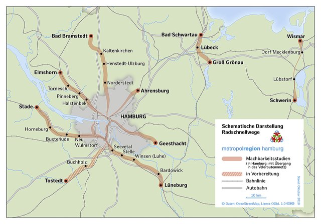 Die bisher betrachhteten Routen für Radschnellwege gehen sternenförmig von Hamburg aus, ein Streckenverlauf nach Südwesten fehlt. Diese Lücke könnte mit der Strecke Tostedt - Hamburg geschlossen werden Metropolregion Hamburg | Foto: Open Street Map / Metropolregion