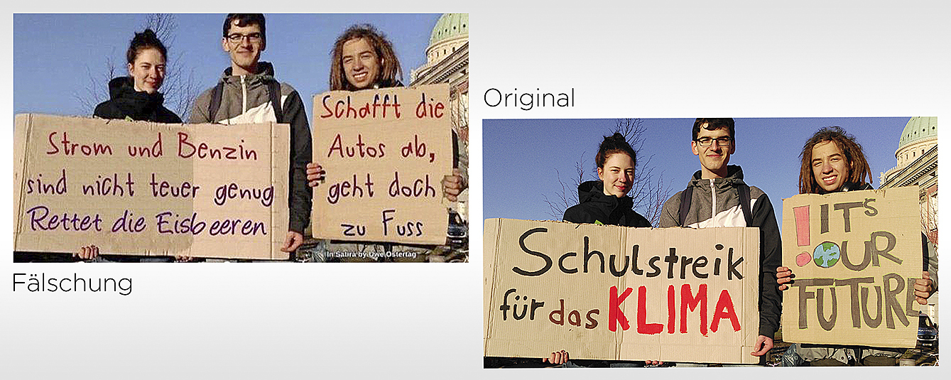 Das Foto rechts von der Schülerdemo in Potsdam wurde dreist mit anderen Parolen - und bewussten Fehlern - gefälscht und unter anderem auf der Facebook-Seite des Stader AfD-Kreisverbands
veröffentlicht Foto: MAZ/Jan Russezki