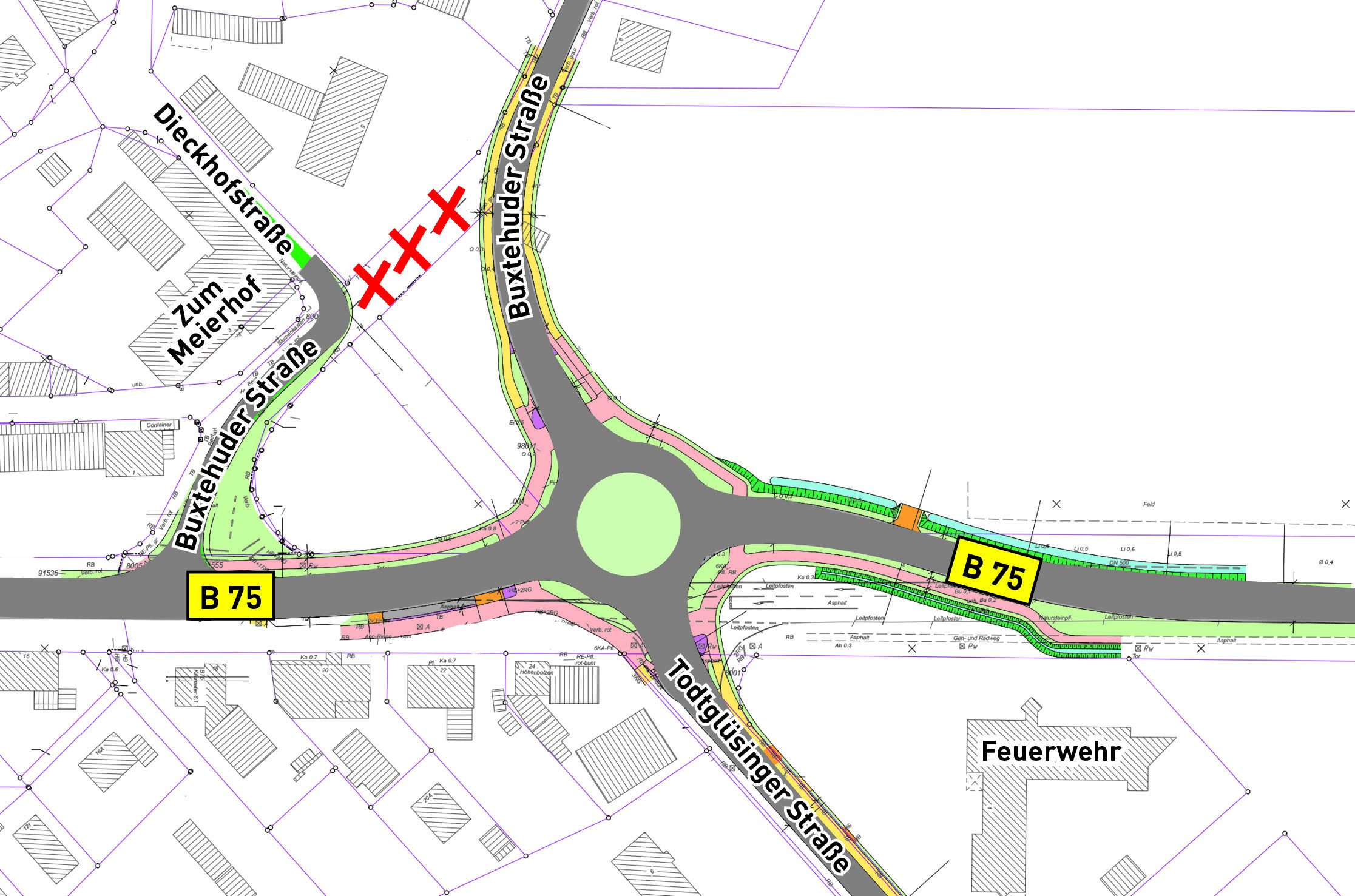 Ungefähr so könnte der Kreisverkehrsplatz in
Tostedt aussehen. Ein Teil des Fußwegs hinter
der Dieckhofstraße (mit roten Kreuzen) würde nach aktueller Planung abgehängt Repro: MSR