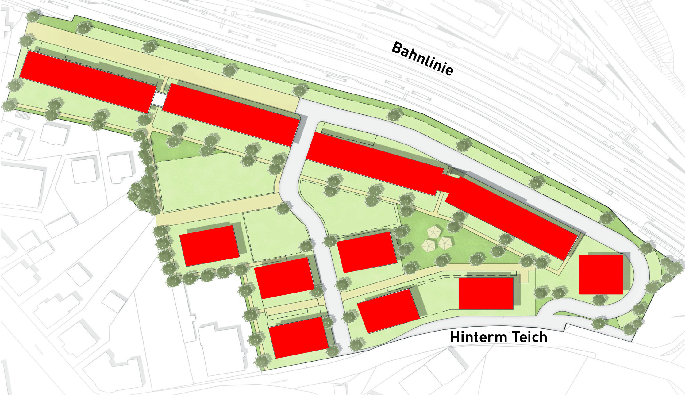 Auf dem Gelände sollen rund zehn Mehrfamilienhäuser entstehen. Die Gebäudereihe oben entlang der Bahnlinie dient
dem Wohngebiet u.a. als Schallschutz Grafik: Planungsbüro Reinold/MSR