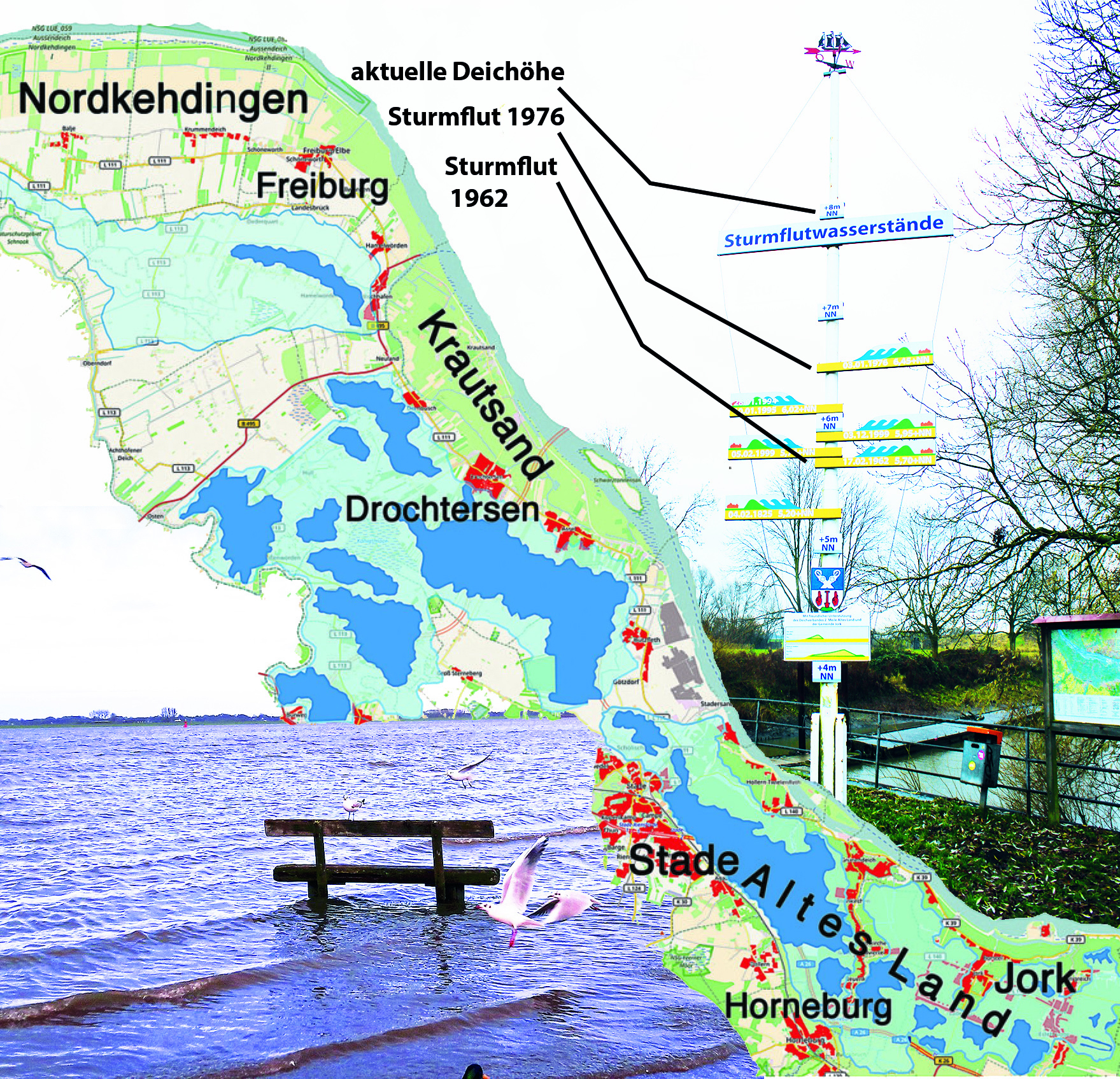 Sturmfluten sind an der Elbe keine Seltenheit (Foto li.). An einem Mast in Jork-Borstel sind die Wasserstände der höchsten Sturmfluten markiert (Foto re.). Die Karte zeigt, welche Gebiete im Landkreis zuerst bei einem Hochwasser überflutet werden. Dunkelblau sind diejenigen Flächen markiert, die unter dem Meeresspiegel liegen, die hellblauen Flächen sind bis zu einem Meter hoch Fotos: lt/jd Karte: jd