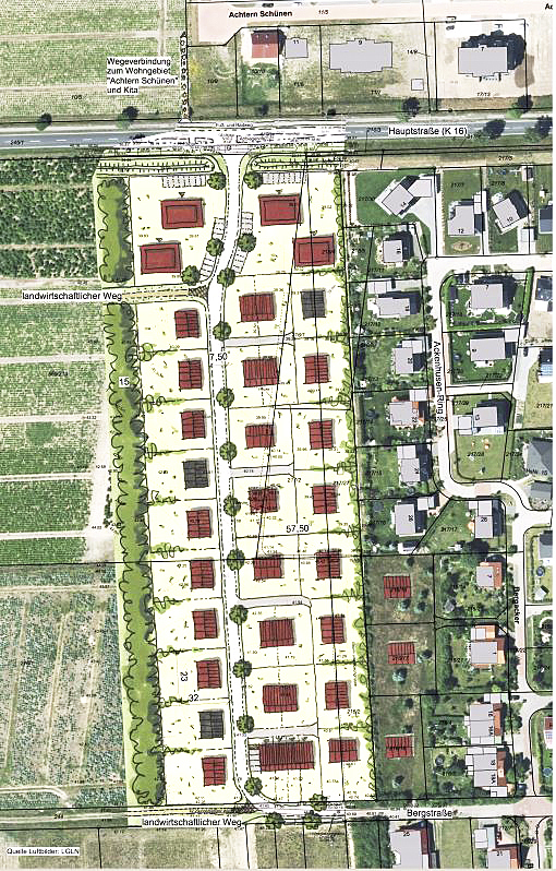 Auf der Planzeichnung des alten Baugebiets deutlich zu erkennen: der 15 Meter breite Grünstreifen