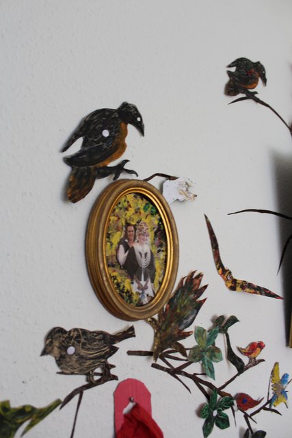 Sein Zimmer hat der kreative Senior mit naturgetreuen Vogelbildern verziert