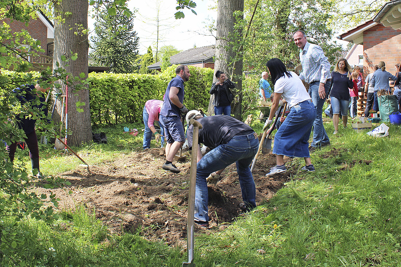 Tatkräftige Eltern gruben eine Grünfläche auf dem Schulgelände um und säten Blumensamen