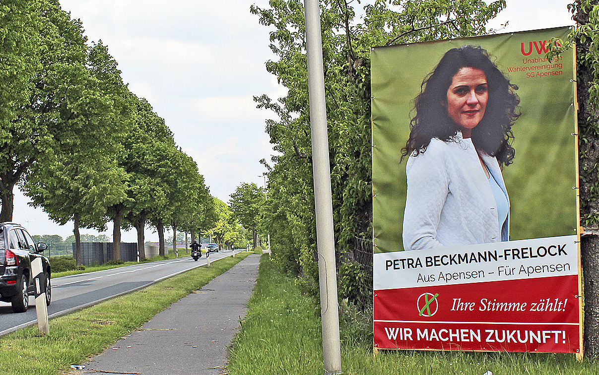 Kandidatin Petra Beckmann-Frelock (UWA) setzt auf den Slogan "Aus Apensen - Für Apensen"