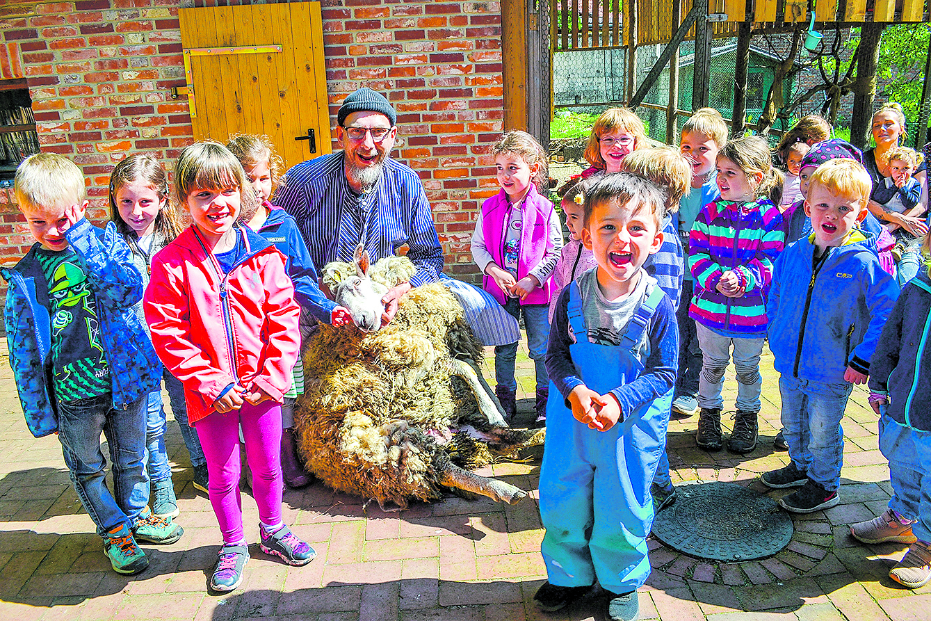 Schafscherer Jörg Gerstenkorn war umringt von den Mädchen
und Jungen des Bauernhofkindergartens