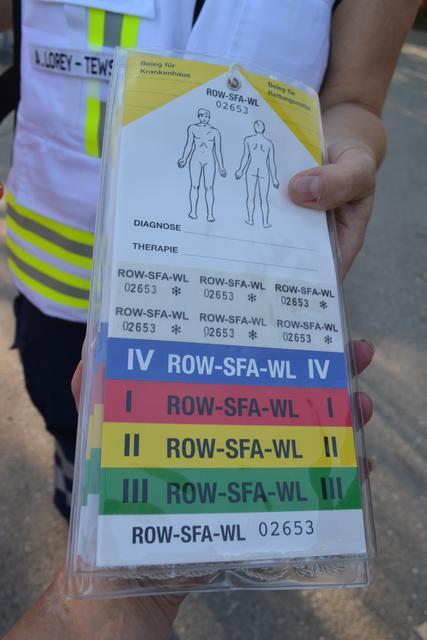 Mit diesen Karten wird den weiter behandelnden Ärzten der Grad der Verletzung übermittelt - Rot steht für schwer verletzt, Grün für leicht verletzt