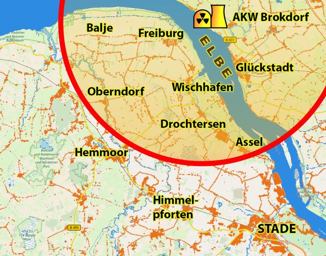 Innerhalb des roten Kreises liegt die Mittelzone, die bei einem Reaktorunglück evakuiert werden muss  Grafik: Openstreetmap/jd 