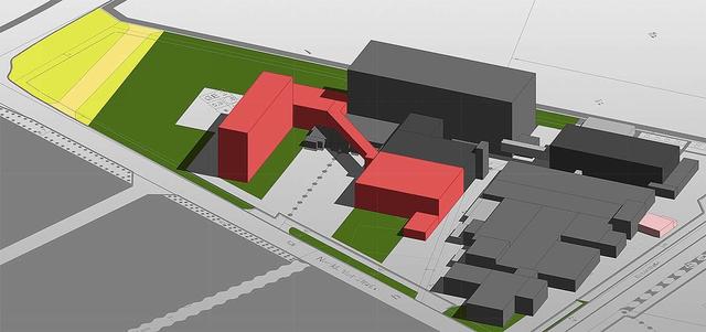 Die roten Flächen sind die geplanten neuen Gebäude: Links das Roh- und Fertigwarenlager, das mit einer Logistikbrücke mit der neuen Produktionshalle (Mitte) verbunden wird. Die neue Kantine wird an der Eisbärstraße entstehen (links) und der Parkplatz (rechts oben) auf der hellgrauen Fläche Grafik: Eisbär Eis