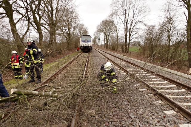 Auf der Bahnstrecke zwischen Stade und Hammah mussten Bäume auf den Gleisen beseitigt werden | Foto: Feuerwehr/Hillyer-Funke