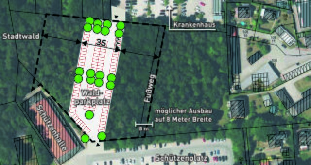 Die Skizze zeigt den möglichen Standort für einen Parkplatz zwischen Schützenplatz im Süden und Krankenhaus im Norden