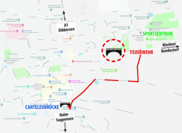 Die Skizze zeigt den Standort der Bahnbrücke an der Bendestorfer Straße (gestrichelter Kreis). Der Weg zum Sportzentrum und zum Feuerwehrhaus droht abgeschnitten zu werden. Der Ausweichweg (rote Linie) führt über eines der größten Nadelöhre der Stadt, die Canteleubrücke