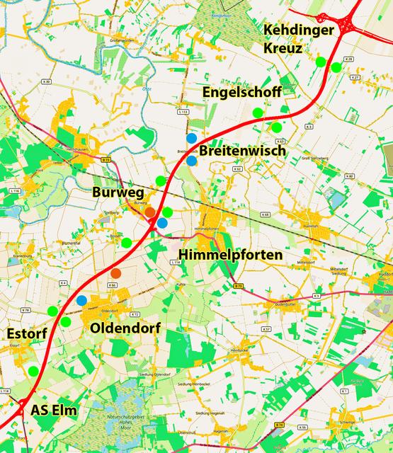 Die Karte zeigt den geplanten Verlauf der A 20 von der Kreisgrenze bis zum Kehdinger Kreuz. Die roten Punkte zeigen, wo zusätzlicher Lärmschutz installiert wird, blaue Punkt markieren diejenigen Bereiche, an denen vorgesehene Lärmschutzwände verlängert und/oder erhöht werden sollen, und bei den grünen Punkten soll der Lärmschutz wie geplant umgesetzt werden