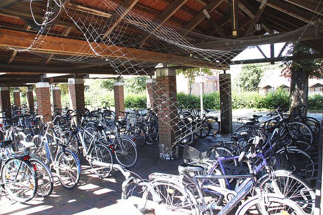 Über den Fahrradständern hängt Drahtgewebe von der Decke 