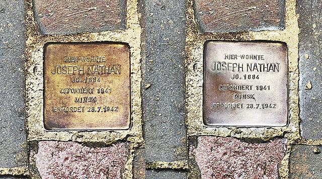 Vorher (re.) und nachher (li.): Der Stolperstein von Joseph Nathan wurde wieder auf Hochglanz gebracht