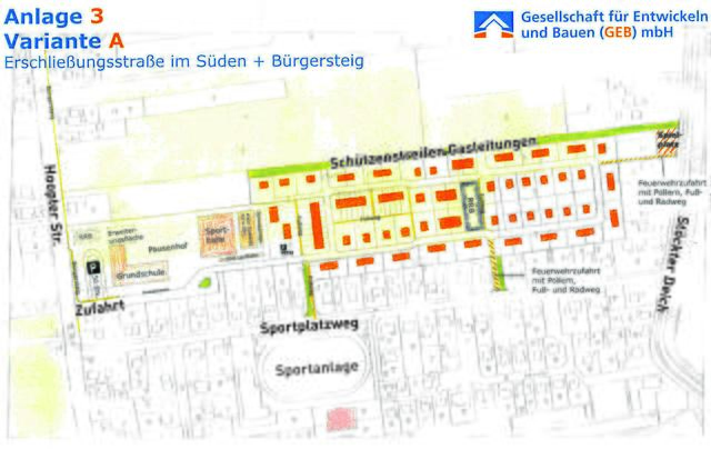 Direkt an der Hoopter Straße, an der Einfahrt zum Baugebiet, soll die Grundschule gebaut werden. Im hinteren Bereich sollen zusätzlich rund 100 Wohneinheiten entstehen Foto: GEB