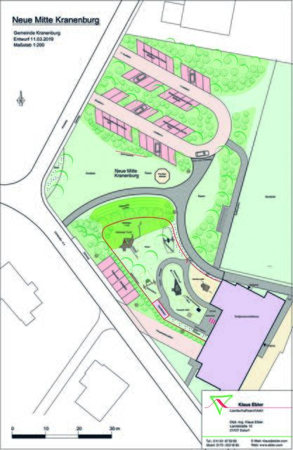 Vor dem Kindergarten (unten re.) soll ein großer Spielplatz entstehen, dahinter eine Grünfläche mit Pavillon und Freiluftbühne sowie ein großer Parkplatz