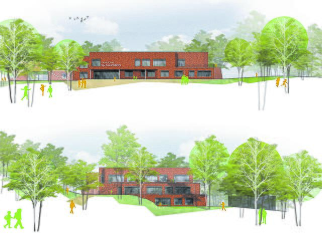 So soll das Projekt nach der Fertigstellung aussehen: Vorder- und Rückansicht des Schul-Teilneubaus am Paaschberg