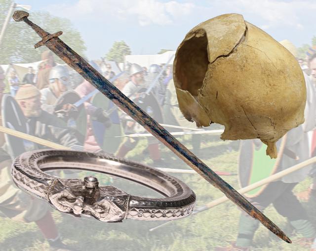 Die Fotomontage zeigt den in Stade entdeckten Armreif und das in der Schwinge gefundene Wikingerschwert. Mit einem solchen Schwert oder einer Axt wurde die Wunde am oben rechts abgebildeten Schädel verursacht