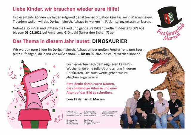 Kinder-Aktion verlängert: Noch bis zum Freitag, 5. Februar, können alle Marxener Nachwuchs-Narren ihre Dino-Bilder einreichen
