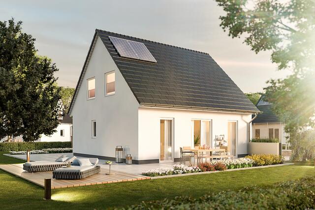Ein Massivhaus vom Typ "Flair 110". Der Name steht für 110 Quadratmeter Wohnerlebnis