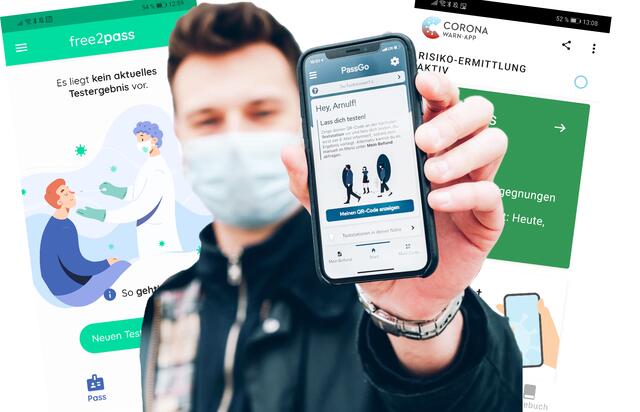 Es sind inzwischen mehrere App-Anbieter auf dem Markt, die mit Betreibern von Schnelltest-Stationen kooperieren  | Foto: eGuest&amp; ePassGo; Screenshots; Montage: jd