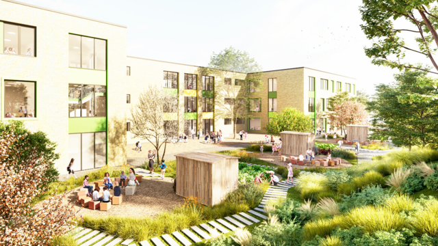 Eine Seitenansicht des neuen Schulgebäudes mit kleinem Pausenhof und  zukünftigem Schulgarten | Foto: Gemeinde NW