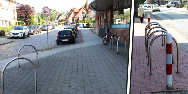(Sinnent-)leer(t)e Fahrradbügel am Ärztehaus. Sie verengen unnötigerweise den Platz für Radfahrer und den Bereich einer Straßeneinmündung