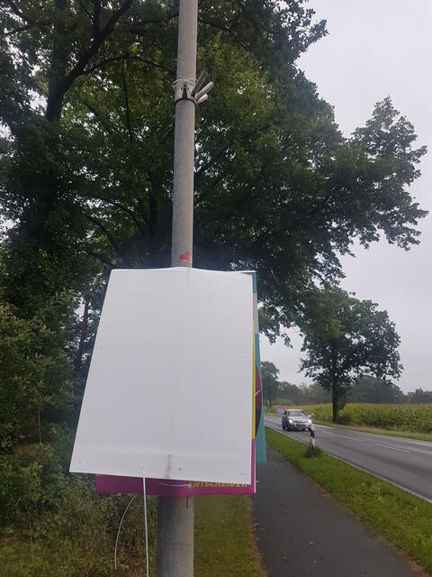 Ein von Vandalen halb abgerissenes Wahlplakat an einer Straße bei Salzhausen | Foto: Christiane Oertzen