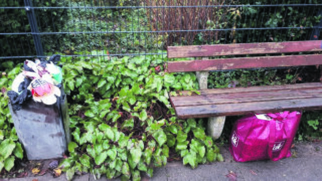 Der für Hundekot vorgesehene Mülleimer voller Hausmüll und eine weitere Tasche voller Müll daneben gestellt