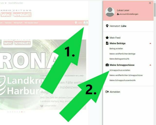 Hier geht es zum Schnappschuss: Nach Ihrer Registrierung auf www.kreiszeitung-wochenblatt.de klicken Sie auf Ihren Account (1.) oben rechts auf unserer Internetseite und wählen dort unter "Meine Schnappschüsse" den Reiter "Schnappschuss erstellen" (2.) aus | Foto: tw