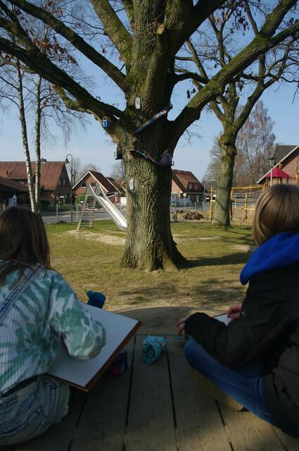 Die Waldorfschüler beim Zeichnen des Baumes auf dem Beckdorfer Spielplatz | Foto: Waldorfschule Apensen