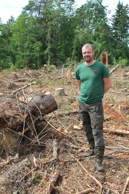 Claudius Fricke, der die Försterei Klecken bewirtschaftet, vor einer gerodeten Fläche aus entwurzelten Bäumen | Foto: pm