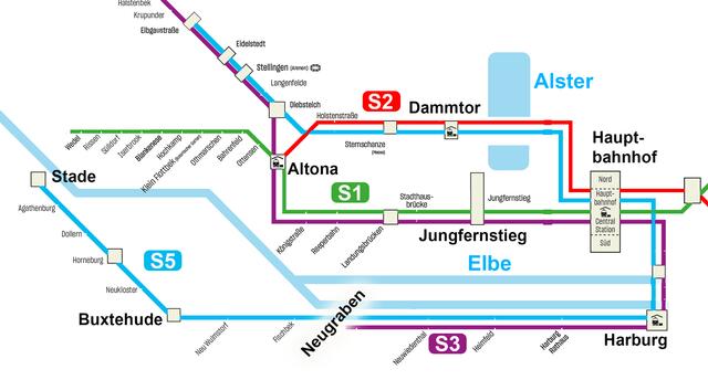 So sieht das künftige S-Bahn-Netz aus. Die Linie S5, die nach Stade führt, soll die Farbe Blau erhalten    | Foto: Grafik: S-Bahn/jd