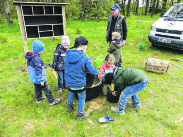 Aufstellen einen Bienenhotels mit Kita-Kindern in Himmelpforten | Foto: Heike Hellwege