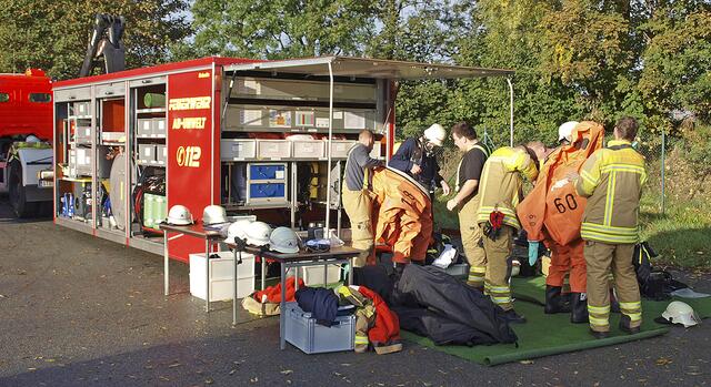 Beim Anlegen der Schutzkleidung ist Hilfe erforderlich | Foto: Stefan Braun / Feuerwehr