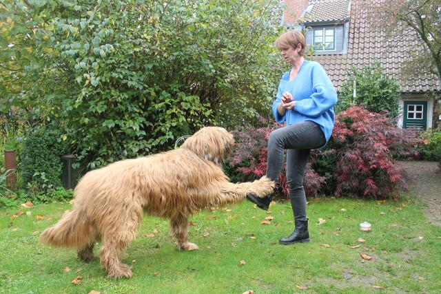 Balance- und Aufwärmübung für Frauchen und Hund: Fjäll legt seine Pfote auf den angehobenen Fuß von Carola Hadler