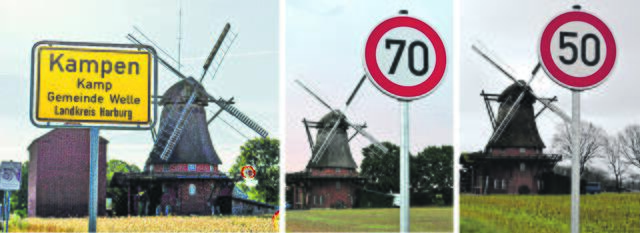 "Schilda" lässt grüßen: Die Beschilderung vor der Windmühle am Ortseingang in Kampen binnen eines Jahres | Foto: bim