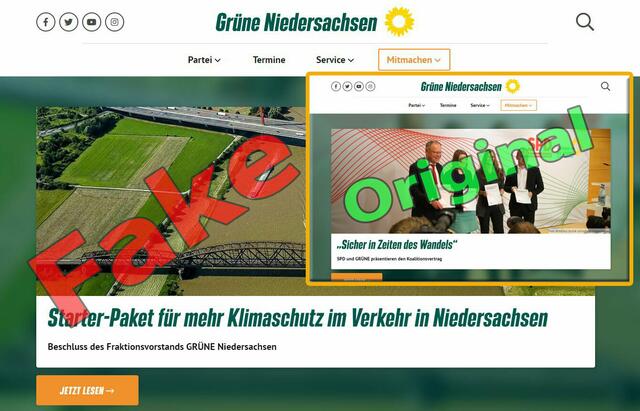 Original (kleines Bild) und Fälschung (großes Bild): Die Homepage der niedersächsischen Grünen unter www.gruene-niedersachsen.de bzw. www.grüne-nds.de (Darstellung vom 1. Februar) | Foto: Screenshot