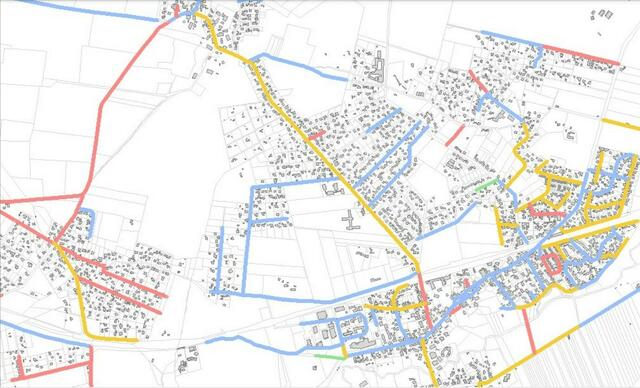 Prioritätenliste der Gemeinde, erstellt durch das Ingenierbüro "ibwittor": "Rot" bedeutet "Straße muss neu gebaut werden", Gelb: "Straße muss erneuert werden", bei grünen Straßen ist eine Instandhaltung fällig, bei blauen Straßen nur Unterhaltsarbeiten | Foto: Gemeinde Jesteburg