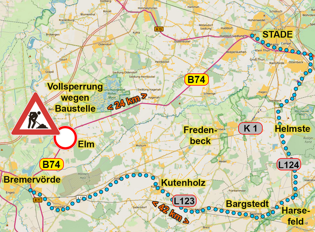 Die Ortsdurchfahrt Elm ist ab Montag, 8. Mai, gesperrt. Die Karte zeigt die offizielle Umleitungsstrecke. | Foto: Open Street Map /jd