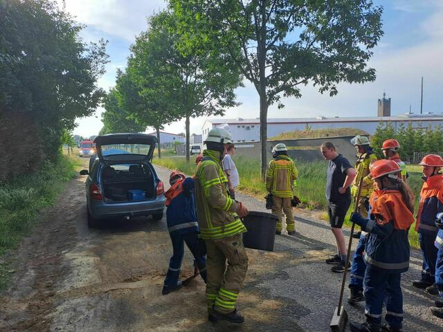 Noch so ein klassisches Einsatzszenario: Hier geht es um das Abstreuen einer Ölspur.  | Foto: Freiwillige Feuerwehr Wiepenkathen 
