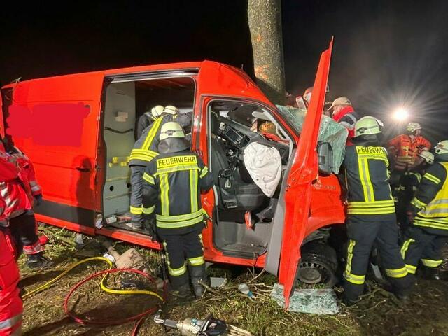 Der rote Transporter war frontal gegen einen Baum geprallt | Foto: Feuerwehr Nordkehdingen