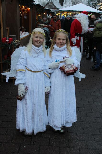 Die Weihnachtsengel Elise (li.) und Lynn-Hanna hatten auf ihrer Markttour viele Süßigkeiten für die Besucher dabei | Foto: ce