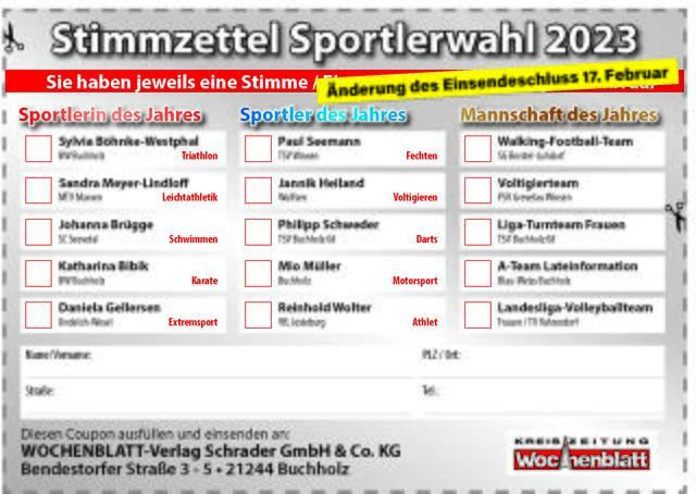Schnell den Stimmzettel ausschneiden, kopieren oder ausdrucken, vollständig ausfüllen und in den Briefkasten des Verlagsgebäudes, Bendestorfer Straße 3-5, einwerfen. Der Postweg ist natürlich auch wie immer möglich