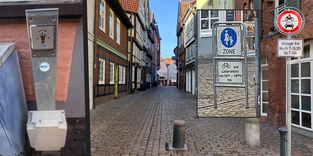 Das klingt nach einem Schildbürgerstreich: Der Stader Fischmarkt ist nur noch bis 18.30 Uhr mit dem Auto zu befahren. Doch auf dem Fischmarkt steht ein Schild, wonach Lieferverkehr erst ab 18.30 Uhr erlaubt ist (kl. Foto). Der versenkbare Poller wird mittels einer Schließvorrichtung bedient (Foto links) | Foto: jd/sc