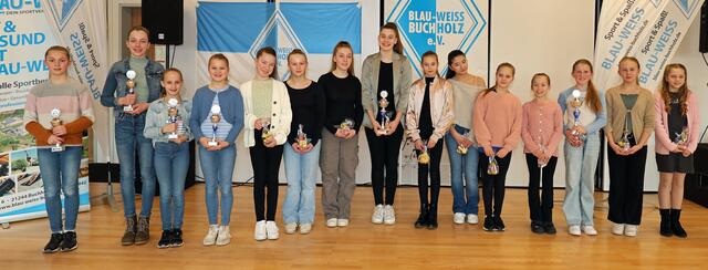 Die geehrten Aerobic-Turnerinnen: (v. li.) Sophie Schönherr, Hannah Meyer, Frieda Päsler, Mayla Hauttmann, Marie Sikorski, Jana Krieger, Eva Berger, Mia Walter, Emma Lindemann, Louisa Yi, Greta Berger, Clara van Dipten, Jessika Porsch, Tilda Engelbach und Mia Hampfe | Foto: AR-promedia
